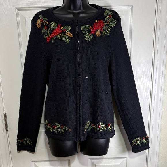 Tiara International Sweaters - Vintage Tiara International Black Cardigan with Cardinal Embroidery Size Small
